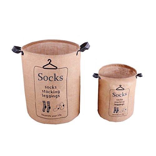 ZAKKA Waterproof Cotton Linen Foldable Round 2 Pcs Storage Bucket Organizer Pop-up Collapsible Laundry Hampers Dirty Clothes Shoes Basket Holder Baby's Toys Collection Box Closet Bin 2 Handles 