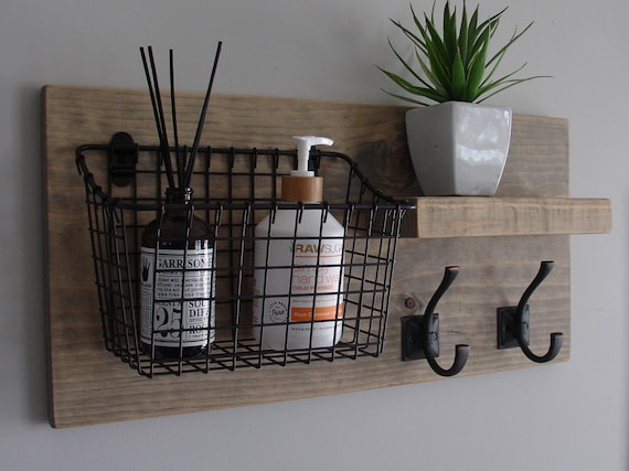 Rustic Bathroom Shelf with Storage Basket Floating Shelf and Towel Hooks by KeoDecor