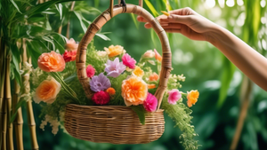 A hand reaching out to hang a woven basket full of flowers onto a bamboo hook against a lush green garden background.