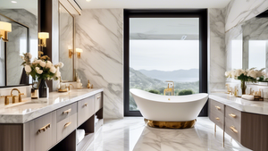A luxurious bathroom with marble countertops and a freestanding bathtub, focus on a variety of elegant bath hardware options displayed on the counter.