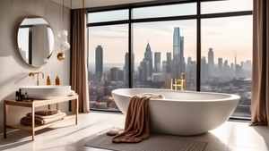 A luxurious bathroom with a freestanding bathtub, a view of a city skyline, and towels artfully arranged on a towel rack and a nearby stool.