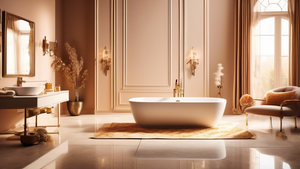 A luxurious bathroom with a freestanding bathtub, a variety of elegant bath hardware sets laid out on a table, and a warm, inviting atmosphere.