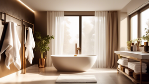 A luxurious, modern bathroom with a bronze towel rack draped with fluffy white towels, sunlight streaming through a window.