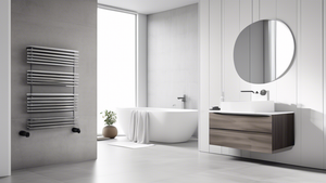 A minimalistic bathroom featuring an adjustable towel bar installed on the wall. The towel bar is made of brushed steel and has a sleek, modern design. It can be adjusted to different lengths to accom
