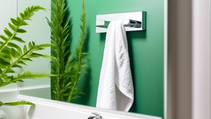 A shiny chrome towel hook with a fluffy white towel hanging on it, against a bathroom mirror reflecting a bright green plant.