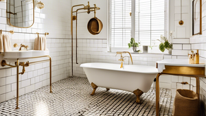 A vintage bathroom with gleaming brass towel rails, white subway tile, and checkered floors.