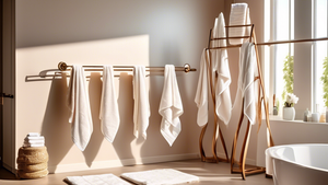 A variety of stylish towel racks showcasing fluffy towels drying in a sunlit bathroom.