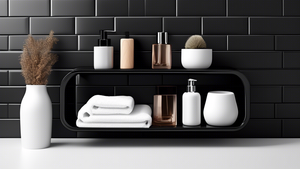 A sleek black bathroom shelf with an integrated towel bar, showcasing its modern design against a backdrop of white subway tiles.