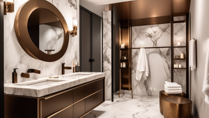 A luxurious, modern bathroom with a bronze double towel bar featuring fluffy white towels, accented by ambient lighting and marble details.