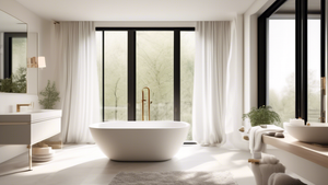 A luxurious, modern bathroom with a freestanding bathtub, large windows, and a stylish towel bar set with fluffy white towels.