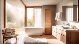 A modern bathroom with a freestanding bath towel cabinet made of light wood and frosted glass, fluffy white towels inside, sunlight streaming through a window.