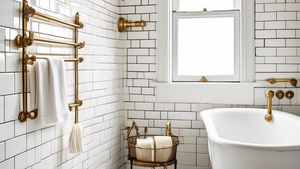 A vintage bathroom with intricate brass towel hooks mounted on white subway tiles, creating a classic and elegant ambiance