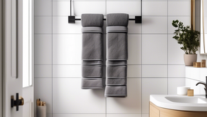 A sleek, modern over-door towel rack with multiple fluffy towels hanging on it in a minimalist bathroom.