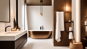 A luxurious modern bathroom with a bronze towel rod featuring fluffy white towels, accented by warm lighting and minimalist decor.