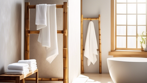 A zen bathroom with a bamboo towel rack holding fluffy white towels, sunlight streaming through a window.