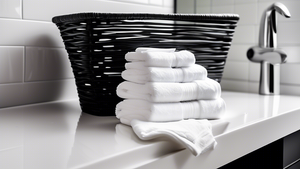A black woven towel basket overflowing with fluffy white towels, sitting on a bathroom vanity with a modern minimalist design.