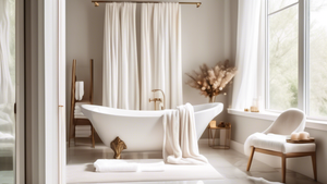 A luxurious bathroom with a freestanding towel stand draped with fluffy white towels, marble accents, and natural light streaming through a window.