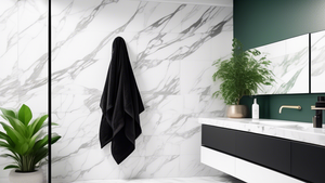 A sleek black towel bar with a fluffy white towel hanging on it in a modern bathroom with white marble walls and green plants.