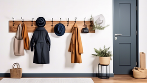 A stylish and organized entryway with an over-the-door hook rack holding coats, hats, and bags.