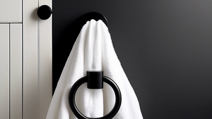 A sleek black towel ring holder with a fluffy white towel hanging on it against a dark bathroom background with modern fixtures.