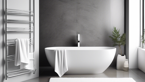 A sleek and modern bathroom with a freestanding chrome towel rack holding fluffy white towels.