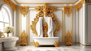 A majestic towel rack fit for a king, intricately crafted with gold and jewels, holding luxurious towels in a grand bathroom.