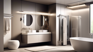 A sleek and modern bathroom with brushed aluminum towel racks, featuring clean lines and a minimalist aesthetic, with soft lighting and a luxurious ambiance.