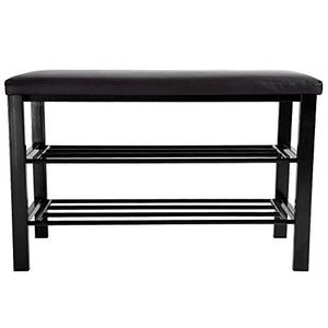 Entryway Shoe Rack with Cushioned Seat, 2 Shelves Storage Bench Leather Top Bed Bench, Black