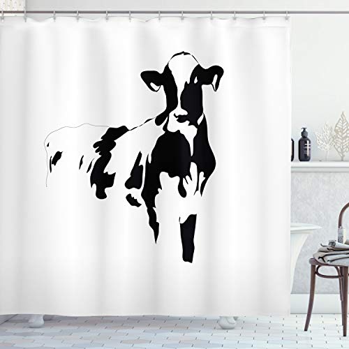 Ambesonne Farmhouse Decor Collection, Silhouette Portrait of a Big Cow Meat Milk Farm Animals Agriculture Themed Image, Polyester Fabric Bathroom Shower Curtain, 84 Inches Extra Long, Black and White