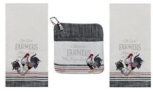 Farmers Market Kitchen Towel - Potholder Bundle, 2 Gray Striped Heavyweight Kitchen Towels with Embroidered Roosters and Matching Pocket PotHolder