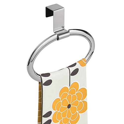 mDesign Kitchen Over Cabinet Strong Steel Round Towel Holder - Hang on Inside or Outside of Doors, Storage and Organizer Ring for Hand, Dish, and Tea Towels - 6.5