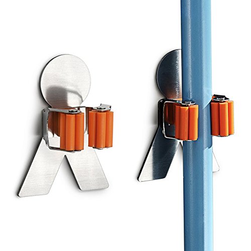 U2SKIIN 2 Piece Stainless Steel Mop Broom Holder Organizer, 3M Self Adhesive Wall Mounted Mop Hooks, Broom Hanger Spring Clip for Bathroom Kitchen Washroom (Herringbone)