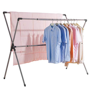 BAOYOUNI Double Poles Folding Clothes Drying Rack Stainless Steel Expandable Rods Space Saving Retractable Heavy Duty Garment Hanger Rail 37'' to 66'', Grey