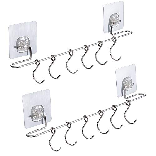 E-Gtong 2-Pack Kitchen Rail SUS 304 Stainless Steel with 12 Sliding Hooks No Drilling Wall Mounted Utensil Rail Holder Rack Hanging Hooks for Kitchen Tools, Pot, Pan, Towel - 15.3 Inch