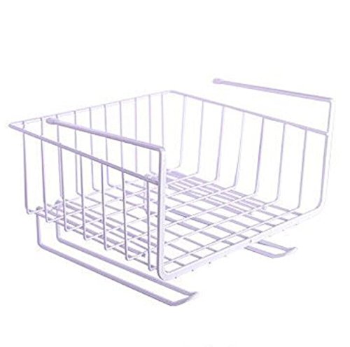 Under Cabinet Storage Shelf Wire Basket Organizer with Paper Towel Holder Hanging Kitchenware Dual Hooks for Kitchen Pantry Desk Bookshelf Cupboard White
