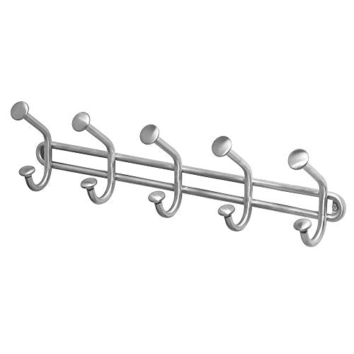 InterDesign Forma Wall Mount Storage Rack – Hanging Hooks for Jackets, Coats, Hats and Scarves - 5 Dual Hooks, Brushed Stainless Steel