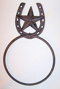 "ABC Products" - Heavy Cast Iron - Horseshoe Towel Ring - Extra Large 6 Inch Towel Ring - (Dark Bronze Finish - With Lone Star)