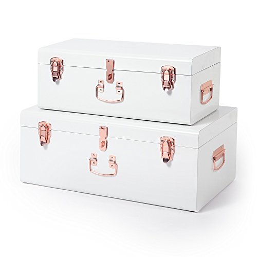 Beautify Cream Vintage Style Steel Metal Storage Trunk Set Lockable and Decorative with Rose Gold Handles - College Dorm and Bedroom Footlocker Trunks