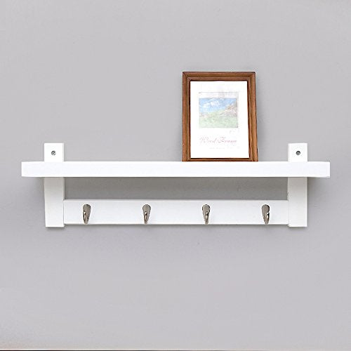 Coat Rack Bamboo Wall Mount Shelf Coat Hook Rack Unibody Construction with Alloy Hooks for Hallway Bedroom,Kitchen,Bathroom and Home Decoration,White,4Hook