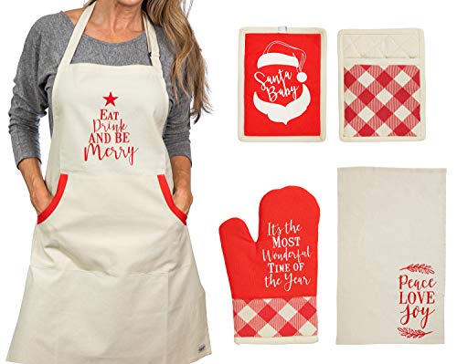 Christmas Apron With Pot Holder, Oven Mitt and Kitchen Towel, Perfect Holiday for Mother, Sister, Aunt, Mother In Law