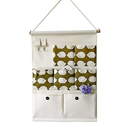 Xaber Kin 19.68'' x 13.78'' Wall Hanging Storage Bags Linen/Cotton Fabric Animal Closet Organizer(7 Pockets with 2 Hangers) (Hedgehog)