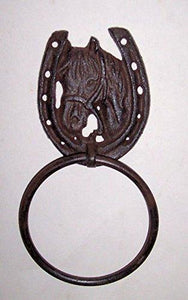 "ABC Products" - Heavy Cast Iron - Horseshoe Towel Ring - Good For Home, Log Cabins, Cottages, Stock Barn, And More - (Dark Bronze Finish - Dark Bronze Finish - Accented With Horse Head Inside)
