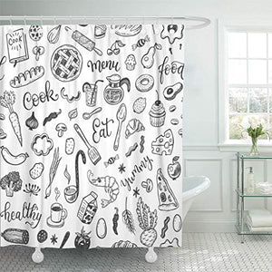 Emvency Shower Curtain Healthy Restaurant Pattern Doodle Food Dinner Cupcake Lunch Fruit Shower Curtains Sets with Hooks 72 x 72 Inches Waterproof Polyester Fabric