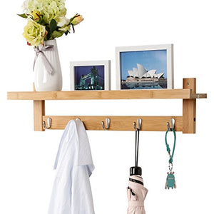 LANGRIA Wall-Mounted Coat Hook Bamboo Wooden Coat Rack and Hook Rack with 5 Metal Hooks and Upper Shelf for Storage Scandinavian Style for Hallway Bathroom Living Room Bedroom, Bamboo Color