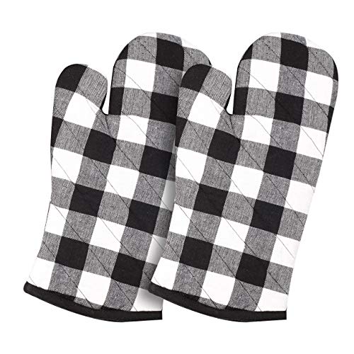 Cotton Clinic Gingham Buffalo Check 100% Cotton Oven Mitts Gloves Set of 2, Heat Resistant for Everyday Kitchen Cooking Baking BBQ - Black White