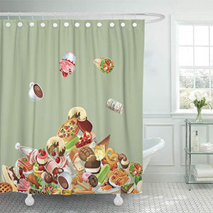 Emvency Shower Curtain Food Doodle Many Feed Pile Sign of Meat Pizza and Tacos French Fries and Hamburger Hotdog and Cookies Shower Curtains Sets with Hooks 72 x 78 Inches Waterproof Polyester Fabric