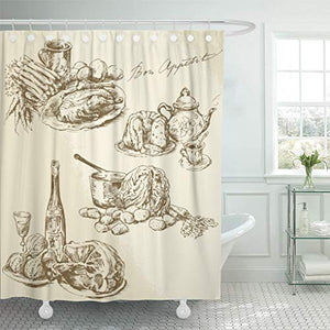 Emvency Shower Curtain Country Meat Still Life Food Vintage Table Ham Cooking Shower Curtains Sets with Hooks 72 x 72 Inches Waterproof Polyester Fabric