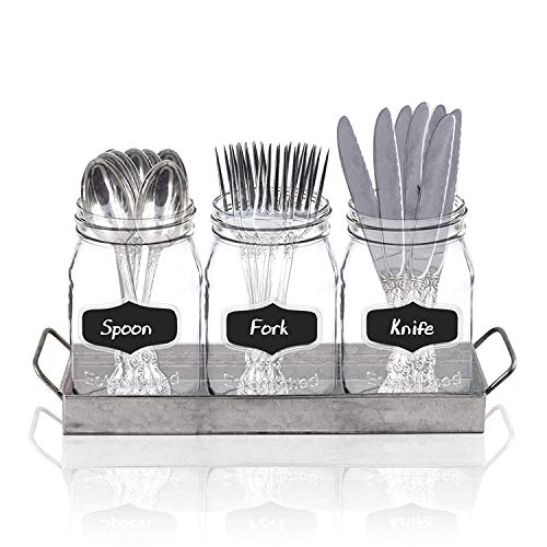 Mason Jar Flatware Caddy, Utensil Holder with Black Chalk Label on Galvanized Tray, Cutlery Organizer, Home and Party Drinkware Set