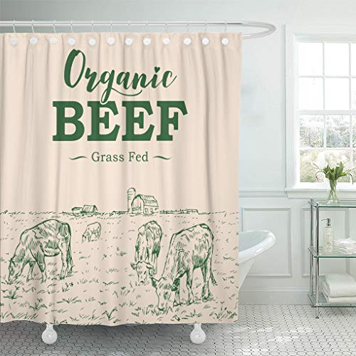 Emvency Shower Curtain Brown Dairy Hand Drawn of Cattle with Organic Beef Label Farm Shower Curtains Sets with Hooks 60 x 72 Inches Waterproof Polyester Fabric