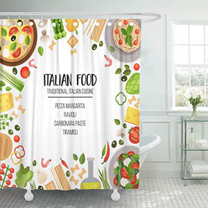 Emvency Shower Curtain Bright of Traditional Italian Cuisine Pasta Pizza Cheese Olives Shower Curtains Sets with Hooks 72 x 78 Inches Waterproof Polyester Fabric